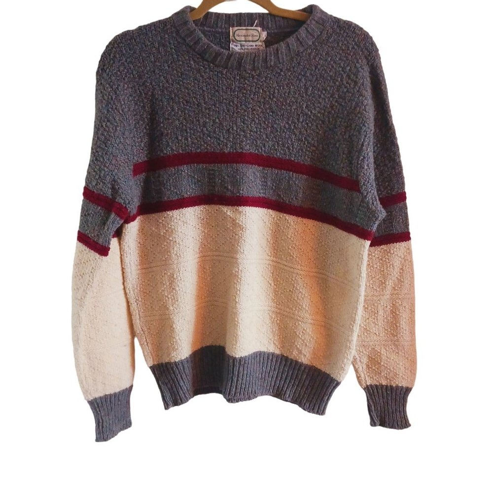 Alexander Ross Shetland wool womens sweater. Gray/burgundy/cream.  Size large